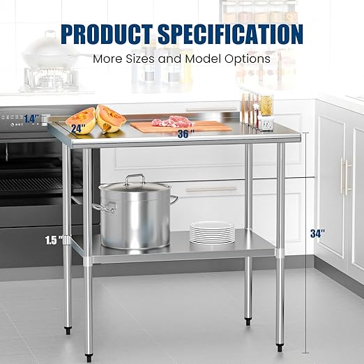 Stainless Steel Table 24 x 36 Inches Metal Prep Table with Backsplash & Adjustable Undershelf for Commercial Kitchen, Outdoor, Restaurant, Hotel & Garage