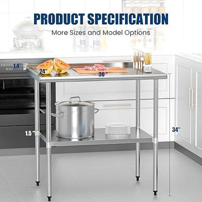 Stainless Steel Table 24 x 36 Inches Metal Prep Table with Backsplash & Adjustable Undershelf for Commercial Kitchen, Outdoor, Restaurant, Hotel & Garage