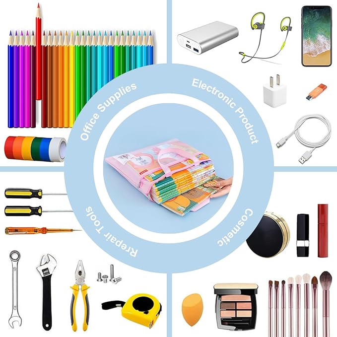 pendancy Mesh Zipper Pouch 11x13.7 in, 2 pcs Large Double Pocket Waterproof File Bag with Handle, A4 Size Foldable Document Storage for Puzzle Project/Cross Stitch/Travel/Office（Blue Pink）