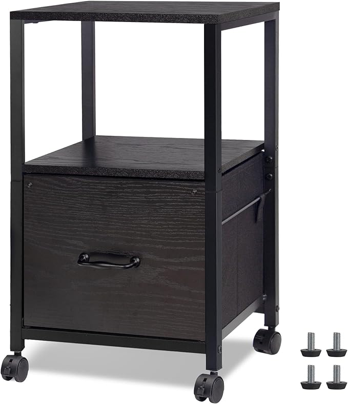 2 Tier Metal Mobile Under Desk Home Printer Stand with Storage Drawer Small File Cabinet for Home Office with Wheels Printer Tables for Small Spaces, Black