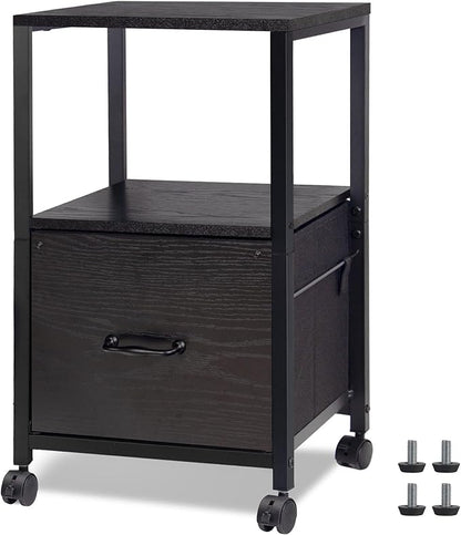 2 Tier Metal Mobile Under Desk Home Printer Stand with Storage Drawer Small File Cabinet for Home Office with Wheels Printer Tables for Small Spaces, Black