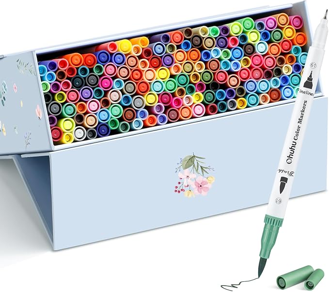 Ohuhu Markers for Adult Coloring Books: 160 Colors Coloring Markers Dual Tips Fine & Brush Drawing Pens Water-Based Art Markers for Kids Adults Sketch Bullet Journal with Carrying Case - Maui - White