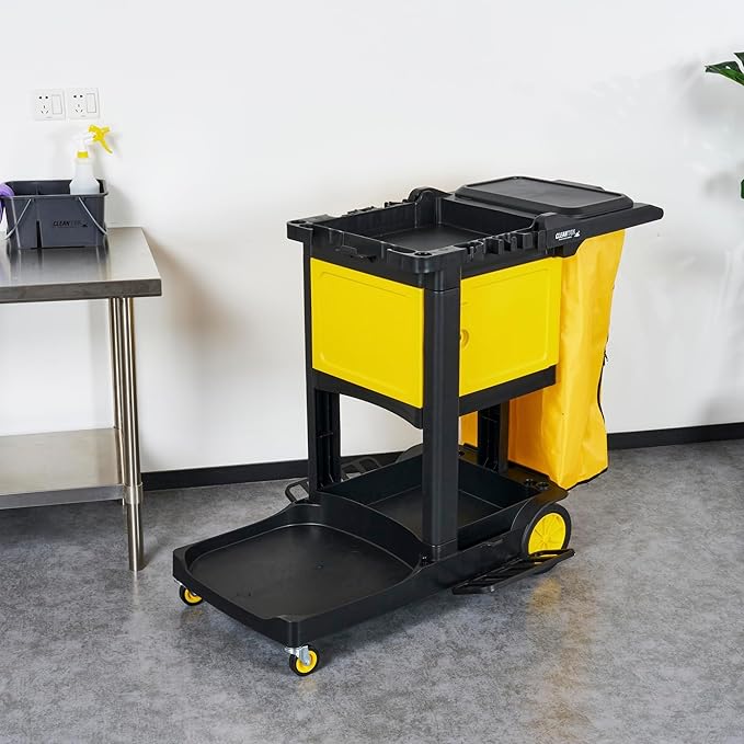 Restaurantware-Clean Tek Professional 3-Shelf Janitor Cart with Wheels, 1 Cleaning Trolley with Cover and 21 Gallon Bag - Includes 1 Single Locking Cabinet, Heavy-Duty, Gray Plastic Janitorial Cart
