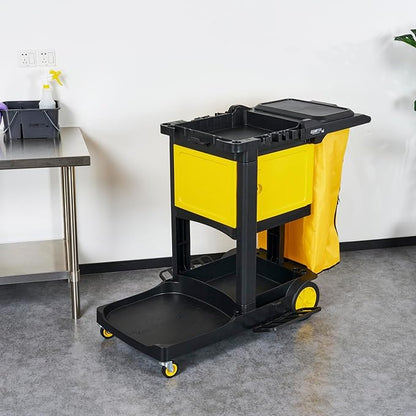 Restaurantware-Clean Tek Professional 3-Shelf Janitor Cart with Wheels, 1 Cleaning Trolley with Cover and 21 Gallon Bag - Includes 1 Single Locking Cabinet, Heavy-Duty, Gray Plastic Janitorial Cart