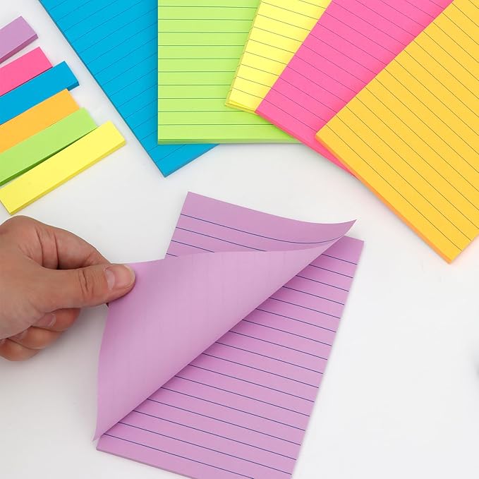 Upgraded 6 Color Lined Sticky Notes & Index Tabs Set, Bright Color Strong Adhesive 4x6 Inch Sticky Note Pads with Lines and Index Strips for Office Study Book (45 Sheets/Pad, 12 Pads)