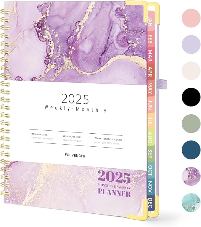 Forvencer 2025 Planner, Hardcover Weekly and Monthly Planner, January 2025 - December 2025, 6" x 8", Spiral Calendar Planner with Tabs, Exquisite Daily Organizer Notebook with Inner Pocket, Agenda Journal for Office Home School, A5 Size, Purple Marble