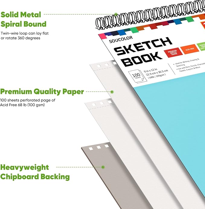 Soucolor 9" x 12" Sketch Book, 1-Pack 100 Sheets Spiral Bound Art Sketchbook, Acid Free (68lb/100gsm) Artist Drawing Book Paper Painting Sketching Pad for Kids Students Adults Beginners