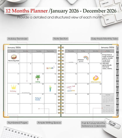 2026 Planner, Weekly and Monthly Calendar Planner from January 2026 - December 2026, 8.5" x 11" Hardcover Leather Hourly Appointment Book with Tabs, Spiral Daily Planners for College School Work Home, Green
