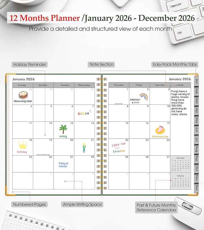 2026 Planner, Weekly and Monthly Calendar Planner from January 2026 - December 2026, 5.75" x 8.38" Hardcover Leather Hourly Appointment Book with Tabs, A5 Spiral Daily Planners for College School Work Home, Green