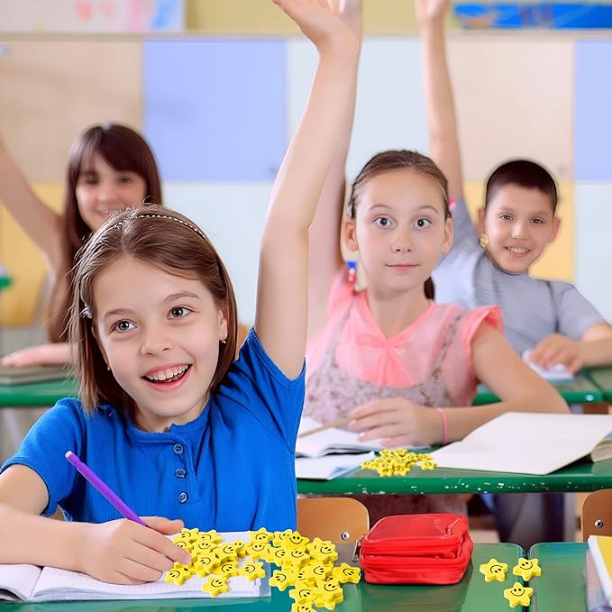 120pcs Star with Smile Face Mini Erasers Fun Smiley Face Yellow Cartoon Eraser Assortment Cute Smiling Desk Puzzle Erasers for Kids School Carnival Reward Student Prizes Birthday Gifr Filler