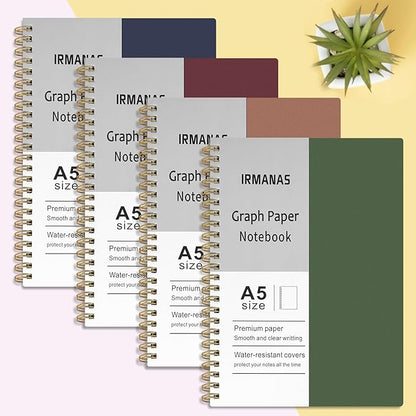 Graph Paper Notebook, 4 Pack Journal Spiral Graph Grid Notebooks 5.7" x 8.3", 640 Pages, Cute School Supplies Notebooks for Work, Aesthetic Gift Office Supplies for Study and Notes