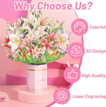Get Well Soon Card, Popup Flower Lilies Birthday Card Thinking of You Gift Care Gift Cards for Women Mom Wife Friends Female Congratulations Gifts Anniversary Card