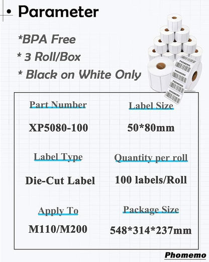 Phomemo M220 Labels - 3 Rolls, 100 Labels/Roll, Square, Black on White, 1.97"x3.15" (50x80mm), Compatible with M110/M220/M221/M120/M200 Printers