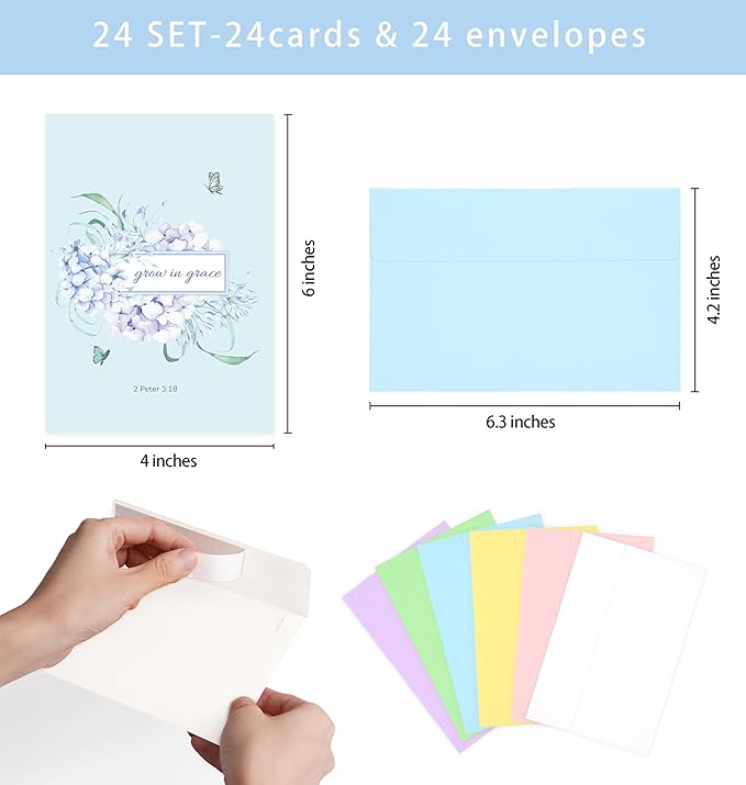 24 Pack Floral Christian Thinking of You Cards with Self-adhesive Envelopes, 4"x6" Boxed Blessing Religious Note Cards with Sentiments Inside, 24 Bible Verses, 24 Desiqns
