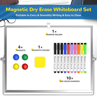 Dry Erase White Board, 16inX12in Large Magnetic Desktop Whiteboard with Stand, 10 Markers, 4 Magnets, 1 Eraser, Portable Double-Sided White Board Easel for Memo to Do List Desk Office