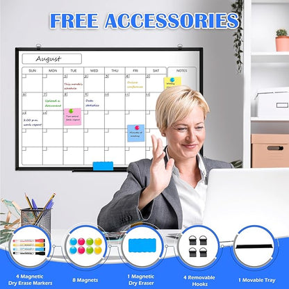 Monthly Calendar Dry Erase Whiteboard, 30" x 20" Magnetic Calendar White Board, Double-Sided Portable Board with Black Aluminium Frame for Office, Kitchen, School, Home
