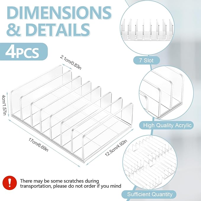 Geetery 4 Pcs Acrylic Cash Tray for Cash Stuffing Mail Sorter Organizer Desk Organizer for Sorting Mail Clear Envelope Organizer for Desk Cash Envelope Bill Business Card Eyeshadow Palette (7 Slot)