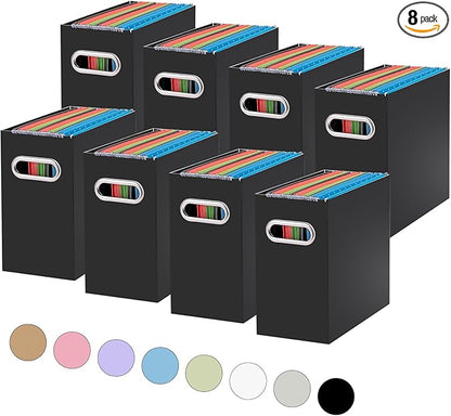 Oterri File Organizer, Small Storage Box, Cardboard File Folder Organizer, Collapsible File Box, Hanging File Organizer for Letter Size, Portable File Box with Handle, Only Box（Black，8 Packs）