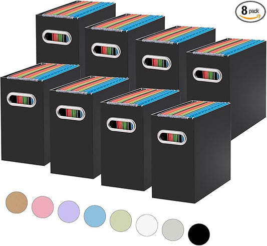 Oterri File Organizer, Small Storage Box, Cardboard File Folder Organizer, Collapsible File Box, Hanging File Organizer for Letter Size, Portable File Box with Handle, Only Box（Black，8 Packs）