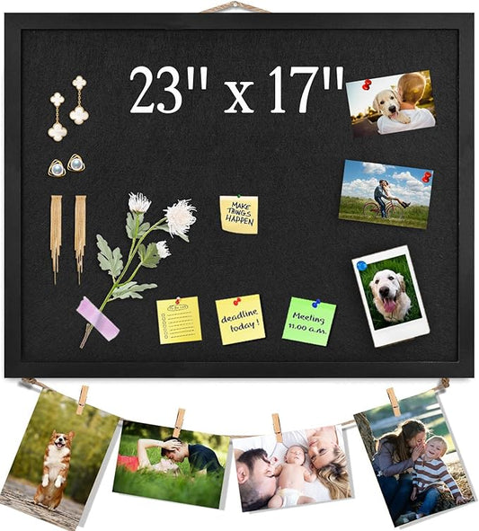 Black Bulletin Board Large Cork Board with Felt, 23"x17" Large Display Pin Board Vision Board for Walls, Jewelry, Notes, Collection, Photos, Office, Black Framed and Black Felt, 1pc