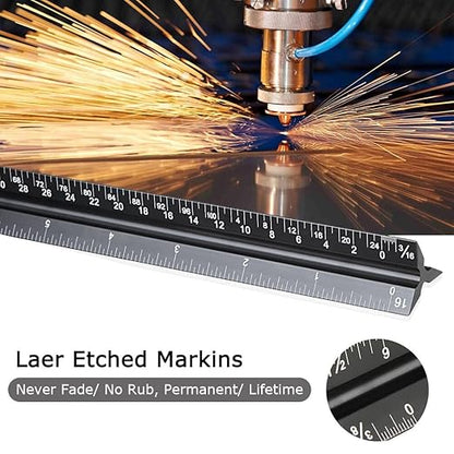Architectural Scale Ruler,12" Aluminum Architect Triangular Ruler Engineers Ruler,Construction rulers for Architects, Blueprint,Students, Draftsmen and Engineers by Soraco(Black)