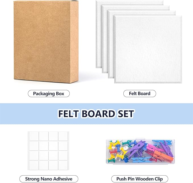 4 Pack Cork Board Tiles 12x12 Inches, 1/2" Thick Felt Cork Squares with 30 Push Pins, Bulletin Board Pin Board, Adhesive Cork Board for for Wall for Home, Office, and Kitchen (White)