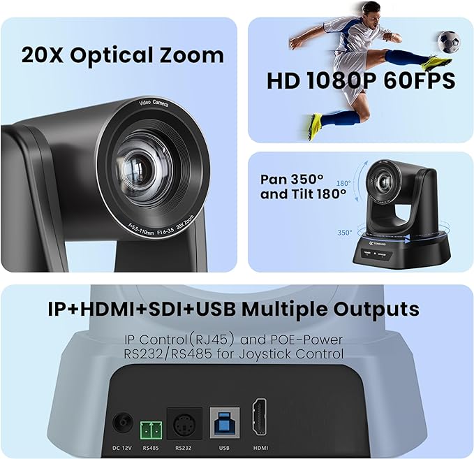 20X Optical Zoom PTZ Camera HDMI IP Live Streaming SDI USB3.0 1080P 60fps PoE Supports for Church Services Worship Education Video Conference with OBS vMix Wirecast Zoom Skype and More