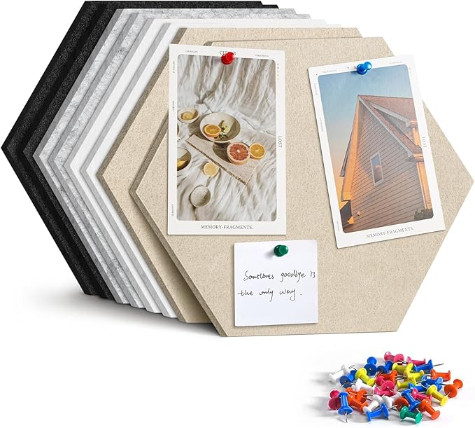 12" Large Bulletin Board with 30 Push Pins, Pack of 8 Hexagon Felt Pin Board Notice Boards for Home Office Kitchen, Felt Wall Tiles for Photos Memos