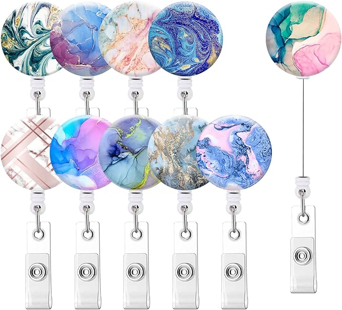 Retractable ID Badge Holder,Nurse Badge Reels with Clip,Name Card Holders for Office Worker Doctor Nurse (10 Pack Marbling Style)