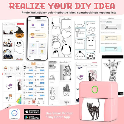 Mini Thermal Printer, Portable Mini Printer with 10 Rolls Printing Paper, Sticker Printer Machine, Mini Pocket Printer for Photos, Journals, DIY, Study Printer Compatible with Android & iOS