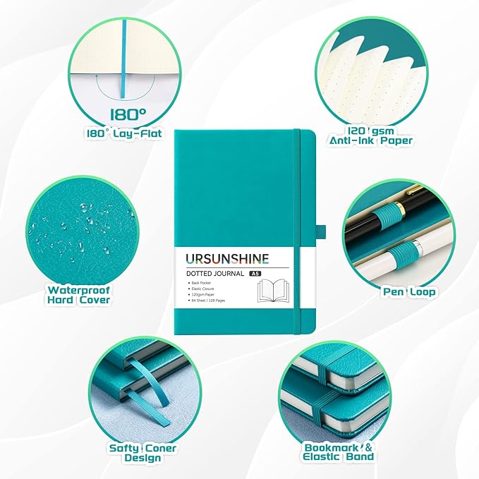 Dotted Journal/Notebook - Dot Grid Hard Cover Notebook, Premium Thick Paper with Fine Inner Pocket, Black Smooth Faux Leather, Pen Loop, 5.3'' x 8.26'' - Cyan