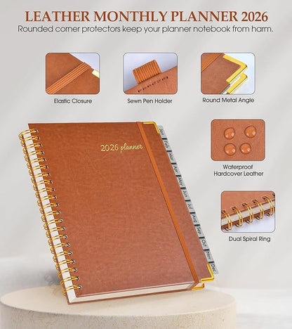 2026 Planner, Weekly and Monthly Calendar Planner from January 2026 - December 2026, 8.5" x 11" Hardcover Leather Hourly Appointment Book with Tabs, Spiral Daily Planners for College School Work Home, Brown