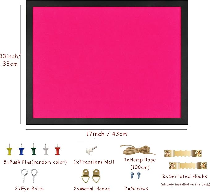 Pink Bulletin Boards Cork Board with Felt, 17"x13" Large Display Pin Board Vision Board for Walls, Jewelry, Notes, Collection, Photos, Office, Wood Framed(Black) & Felt(Pink), 2pc