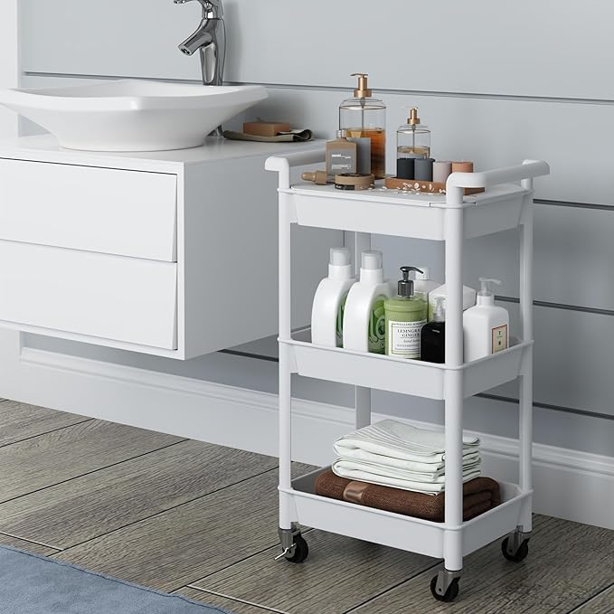 3-Tier Utility Rolling Cart with Cover Top Board, Mobile Utility Cart with Lockable Casters Multi-Functional Storage Trolley for Office, Bathroom, Kitchen, Garden, Laundry Room (White)