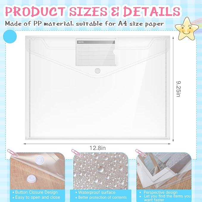 Zhehao 100 Pcs Clear Envelopes with Snap Button Closure A4 Letter Size Plastic Envelope Folder Poly Document File Folders for home Office(Clear,Pocket Style)