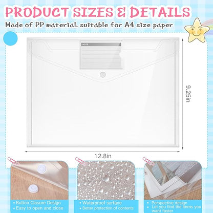 Zhehao 100 Pcs Clear Envelopes with Snap Button Closure A4 Letter Size Plastic Envelope Folder Poly Document File Folders for home Office(Clear,Pocket Style)
