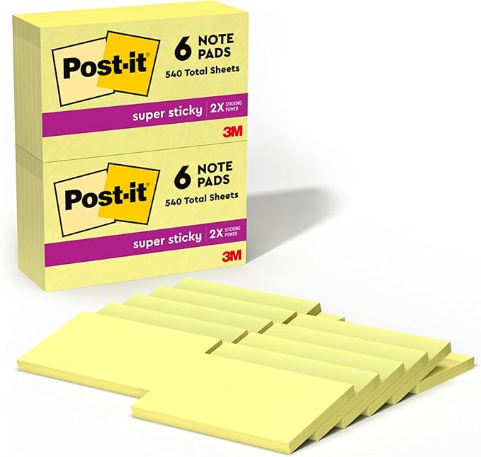 Post-it Super Sticky Notes, 12 Sticky Note Pads, 3 x 5 in., School Supplies, Office Products, Sticky Notes for Vertical Surfaces, Monitors, Walls and Windows, Canary Yellow