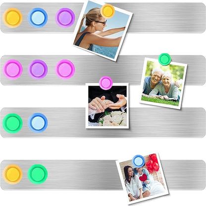 Frameless Magnetic Stainless Iron Board Strips, Adhesive Backing Bulletin Bar Board with 10 Pieces Colorful Magnet, Memo Strip for Office Home 4Pcs