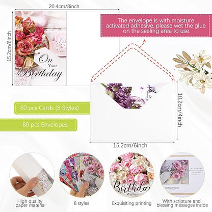 Zhanmai 80 Pack 4 x 6 Inch Religious Christian Birthday Cards Bulk with Scripture Assorted Bible Verse Designs Christian Blessings Birthday Cards with Envelopes (Teacup Style)