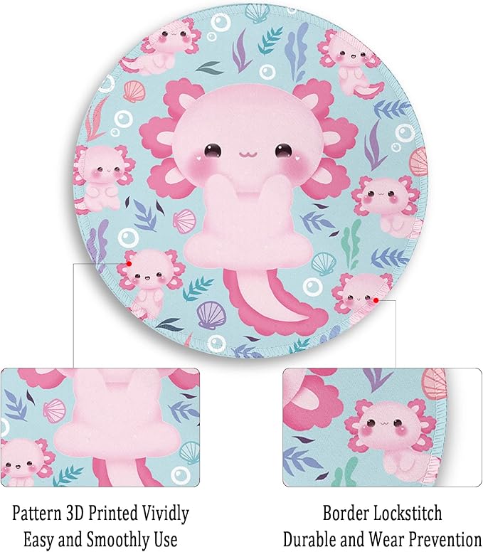 Cute Axolotls Round Mouse Pad, Small Mousepad for Laptop Gaming Women, with Stitched Edge Non-Slip Rubber Base, Cute Home Office Decor Desk Accessories Office Supplies Gift for Women Teen Girls