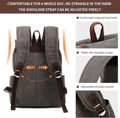 HuaChen Vintage Canvas Backpack, Mens Travel Leather Rucksack for Laptop Hiking Bag (M83_Grey)