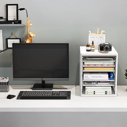 5 Tray Paper Organizer with Doors - Desktop File/Letter Organizer, Plastic Paper Sorter with Drawers for Office, Home or School - Dust-Proof Design