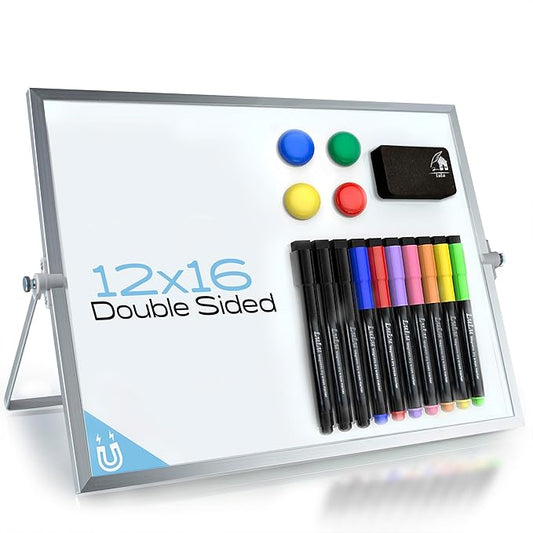 Dry Erase Whiteboard, 16x12in Magnetic Double-Sided Easel, Stand, 10 Markers, 4 Magnets, Eraser Silver