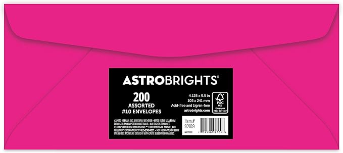 Astrobrights Color 10 Envelopes, 4.125" x 9.5", 24 Lb/89 Gsm, "Happy" 5-Color Assortment, 200 Pack (92109)