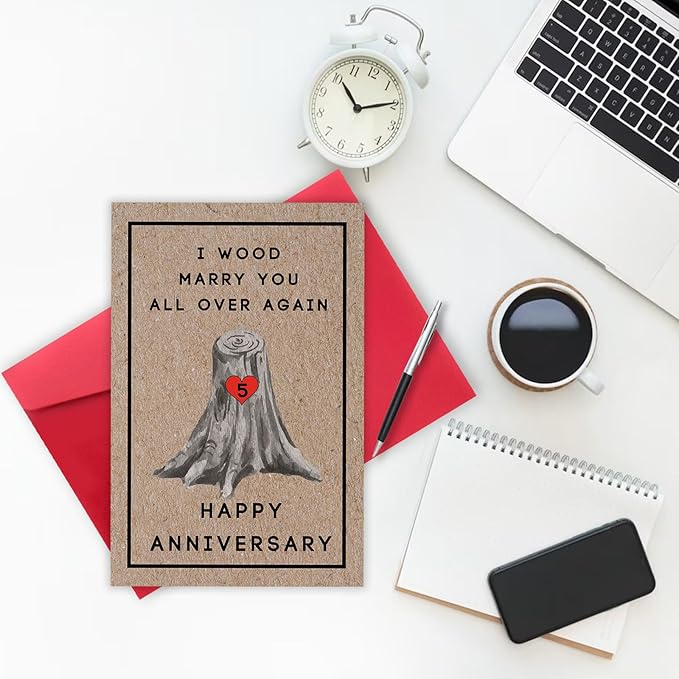 Happy 5th Anniversary Card for Women Men, 5th Wedding Anniversary Wood Card for Him Her,Fifth Anniversary Card for Boyfriend, 5 Years Married Gift for Husband
