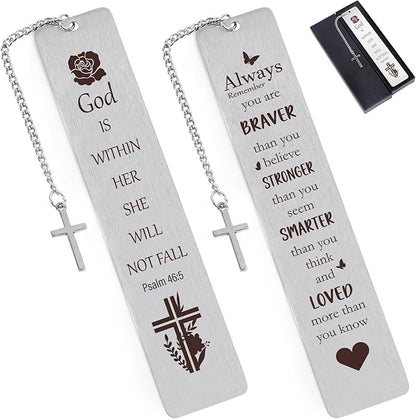 Christian Metal Bookmarks Gifts - 2Pcs Inspirational Bible Verse Bookmarks Gift for Book Lovers Pretty Bookmarker with Cross Pendant for Women Religious Book Mark Gifts for Friends