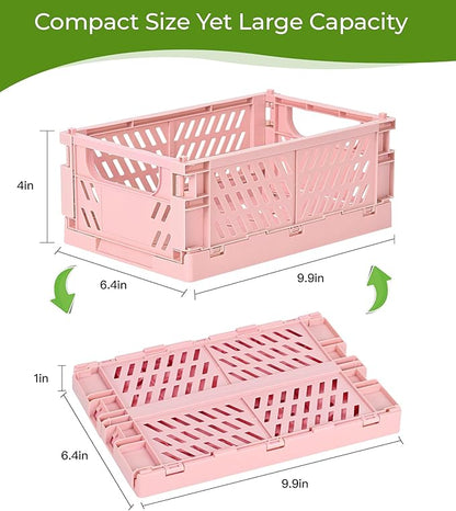 2-Pack Small Pastel Plastic Storage Baskets, Collapsible Crates for Organizing, Space-Saving Mini Bins for Classroom, Kitchen, Office, Bedroom (Pink, 9.8" x 6.5" x 3.8")