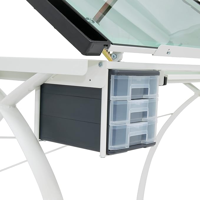 SD STUDIO DESIGNS Futura Craft Station 38" W Drawer and Built-in Pencil Ledge-Tilt Top Drafting Table, Glossy Sage/Clear Glass