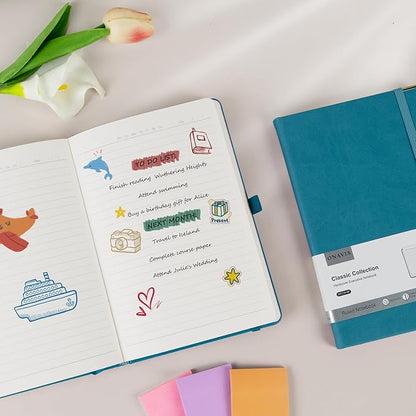 A5 Lined Journal Notebook - 100 GSM Thick Paper, Hardcover Journaling Notebook for Writing, Work, Travel, College Ruled Journal for Women Men, PU Leather Note Book, 5.5”x8.3”- Pacific Green