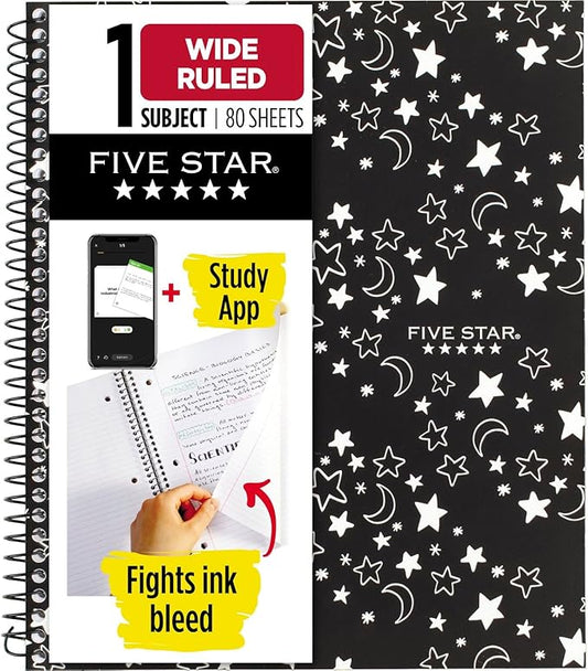 Five Star Spiral Notebook + Study App, 1 Subject, Wide Ruled Paper, 10-1/2" x 8", 80 Sheets, Glow (930020F)